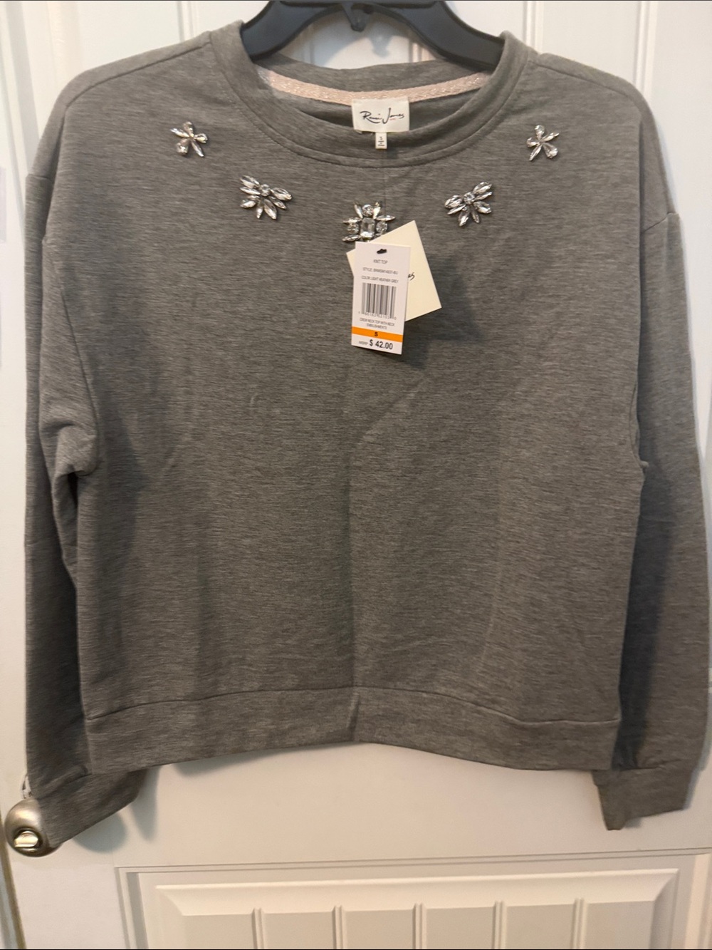 Remi James NYC women’s Embellished Gray Jewel-Accent Crewneck Sweatshirt